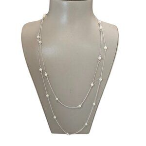 Women's Silver Plated Faux White Pearl Long Station Chain Necklace NWOT